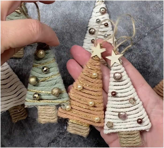 Gather yarn and twine to make these adorably rustic Christmas tree